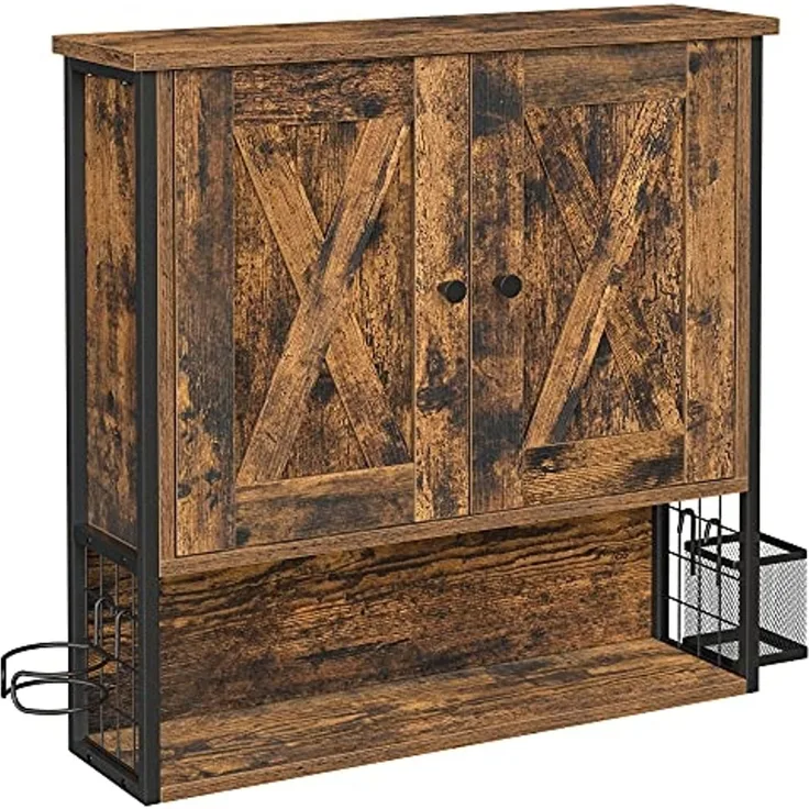 Vasagle Badezimmerschrank, Badschrank, Wandschrank, Aufbewahrungsschrank, mit 2 Türen, verstellbare Einlegeböden, mit Haartrocknerhalter, Industrie-Design, vintagebraun-schwarz von Songmics BBK123B01