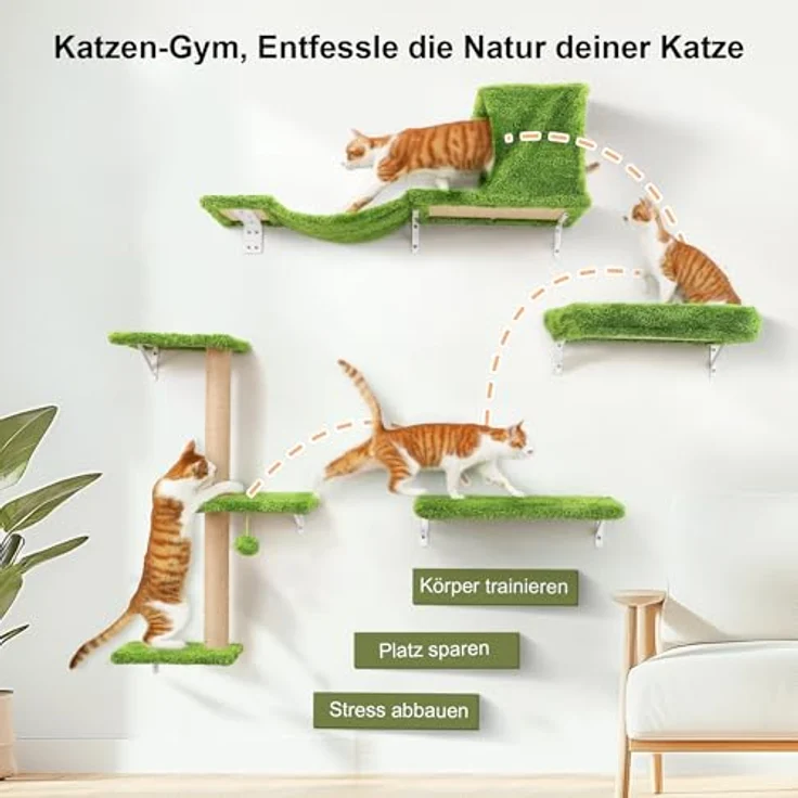 FUKUMARU Kletterwand Katzen Set, 10-teilig Katzen Kletterwand Set, aus robuster Multiplexplatte，Hängematte Katze mit Katzenhaus, Katzenbrücke, Katzenbaum, Katzentreppe bis zu 18 kg, grün – Bild 3