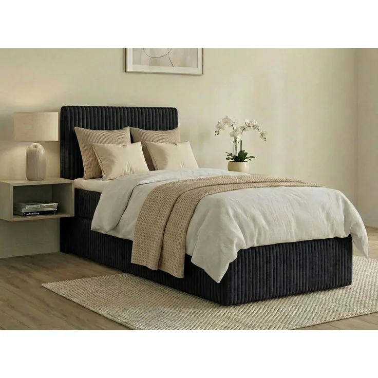 Boxspringbett RALFI 90 x 200 cm (Rechte Seit) mit Bettkästen, Bonell-Matratze H4 und T25-Topper. Farbe: Schwarz