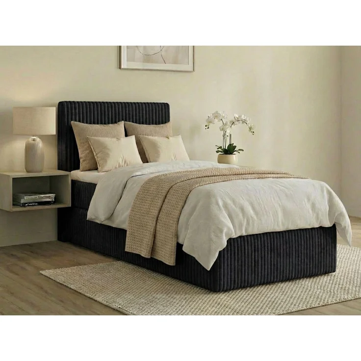 Boxspringbett RALFI 90 x 200 cm (Rechte Seit) mit Bettkästen, Bonell-Matratze H4 und T25-Topper. Farbe: Schwarz – Bild 1