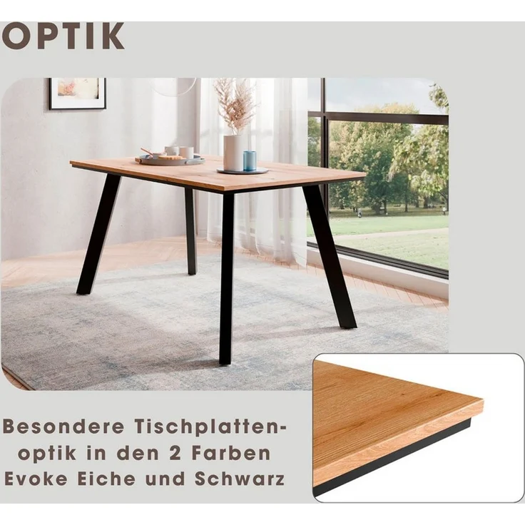 OTTO home Essgruppe Genf Tischgruppe, Esstisch plus 4 Stühle, (Set, 5-tlg, Otto's DAUERTIEFPREIS), Küchentisch, 4 Stühle, moderne Tischplatte in eiche/schwarz – Bild 2