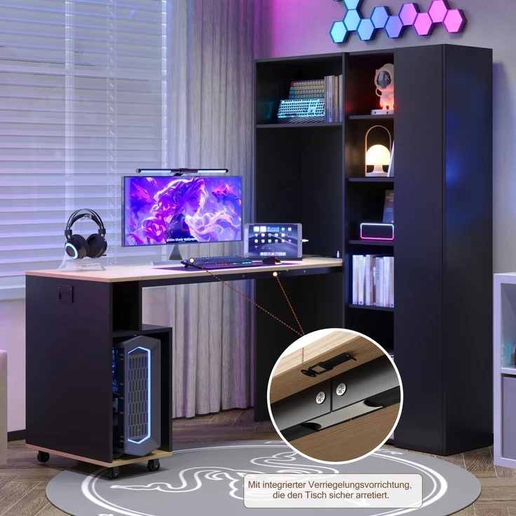 Klappbarer Schreibtisch mit Ablagen –2-in-1-Bücherregal und Schreibtisch, klappbar, mit Steckdose und USB-Anschluss, höhenverstellbare Ablagen, Kippschutz, Schreibtisch,Eck-Schreibtisch-rechts – Bild 6