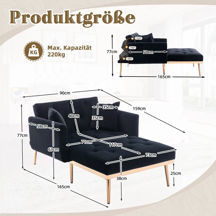 Relaxsessel mit verstellbarer Rückenlehne,3-stufig klappbarer Ruhesessel aus Plüschstoff mit 2 Kissen,Schwarz – Bild 10