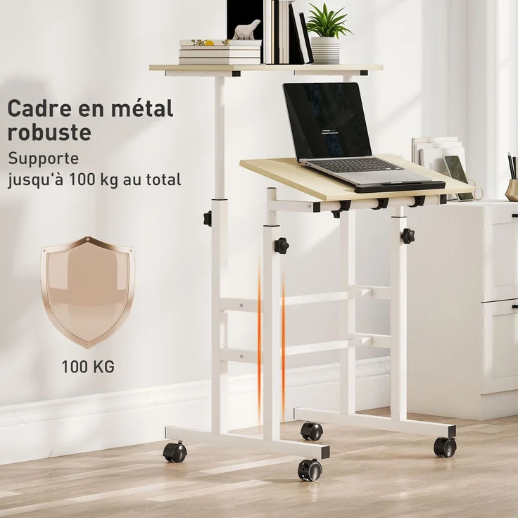 Steh-Sitz-Schreibtisch, höhenverstellbarer Schreibtisch, 60 x 60 cm, mit Rollen und neigbarer Tischplatte, Rahmen aus naturbelassenem Metall – Bild 9