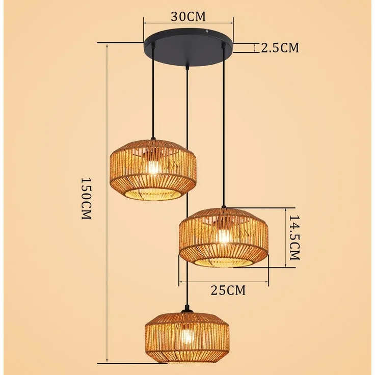 Nettlife Pendelleuchte Rattan 3 flammig Höhenverstellbar Boho E27 Hängeleuchte, Kurzballon-Flecht, Ohne Leuchtmittel, für Schlafzimmer Wohnzimmer/Ohne Leuchtmittel