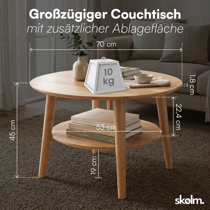 skølm 'Mjölnir' Couchtisch rund, Massivholz Eiche, natur geölt, Wohnzimmertisch Ø70 cm, Beistelltisch für Wohnzimmer mit Ablage – Bild 7