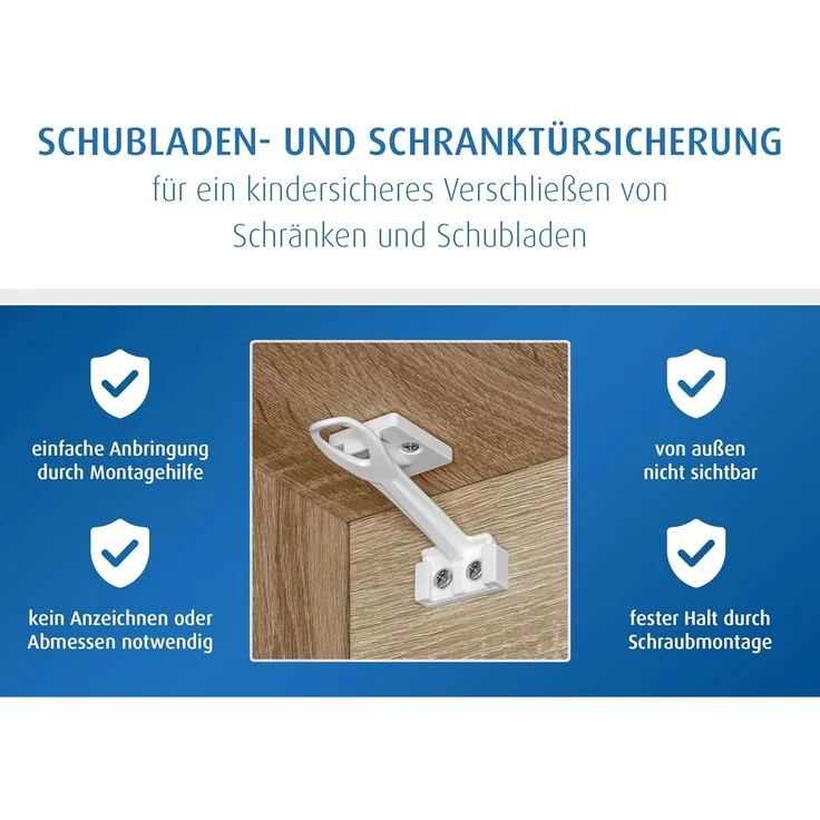 reer Schrank- und Schubladensicherung mit Montagehilfe | Einfache Einhand-Bedienung | Schraubmontage | integrierter Klemmschutz | 3 Stück | Farbe: weiß – Bild 3