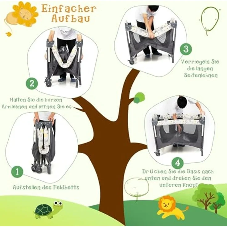 FANTASK 4 in 1 klappbares Reisebett 15 kg belastbar, Beistellbett mit Tragetasch, 2 Ebenen Babybett höhenverstellbar, Matratze & Spieluhr, Wickeltisch & Laufstall, Mobile Stubenwagen – Bild 3