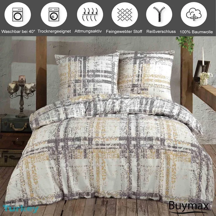 Buymax Bettwäsche Luxury, Renforce: 100% Baumwolle, 3 teilig, 200x200 cm, Bettbezug-Set, mit Reißverschluss, Weiß Schwarz – Bild 2