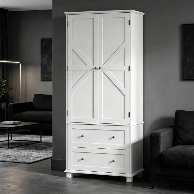 Küchenbuffet 80 x 39,5 x 184,5 cm aus MDF in Weiß mit 2 Schubladen und verstellbaren Einlegeböden – Bild 2