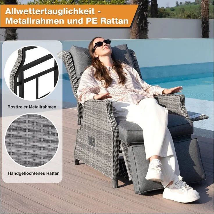 HOMECALL Rattanstuhl Gartensessel Indoor Verstellbar Liegestuhl Gartenliege balkonliege (Wetterfester Rahmen, klappbarem Beistelltisch und Fußstütze, 2 St), COMLAX FIELD