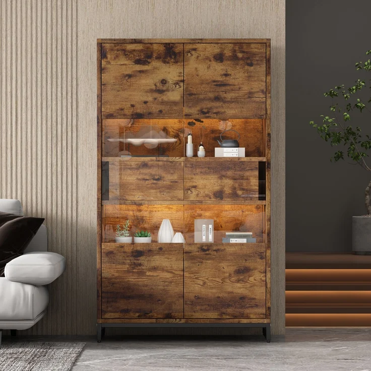 ZUBALIYA Vitrine (80 x 40 x 138 cm), 2 Türen und 2 Schubladen, LED - Beleuchtung, Transparente Elemente, Beige / Naturfarben / Schwarz – Bild 4