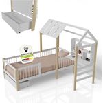 Juskys Kinderbett Yari 90x200 cm - Integrierter Schreibtisch, Praktische Schublade, Massiver Kieferrahmen, Pflegeleicht, 150 kg belastbar - weiß/natur