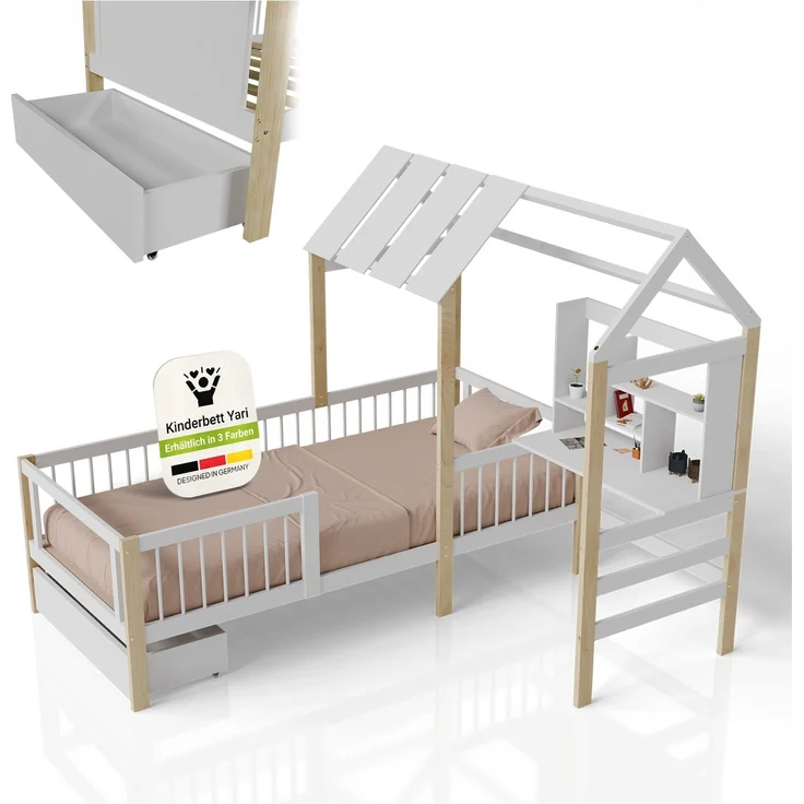Juskys Kinderbett Yari 90x200 cm - Integrierter Schreibtisch, Praktische Schublade, Massiver Kieferrahmen, Pflegeleicht, 150 kg belastbar - weiß/natur – Bild 1