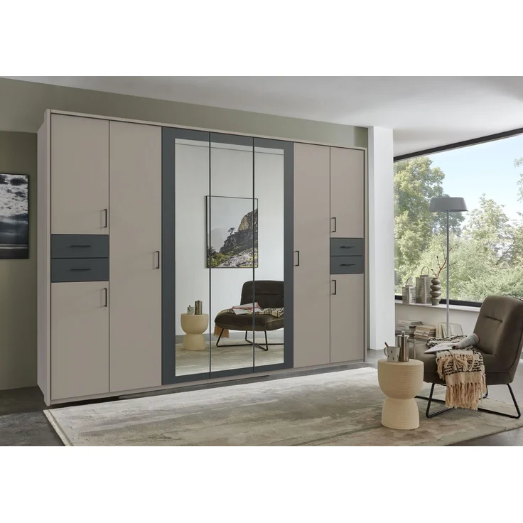 Drehtürenschrank Kleiderschrank 313cm Passepartout Spiegel Sand Grau mit Grafit – Bild 3