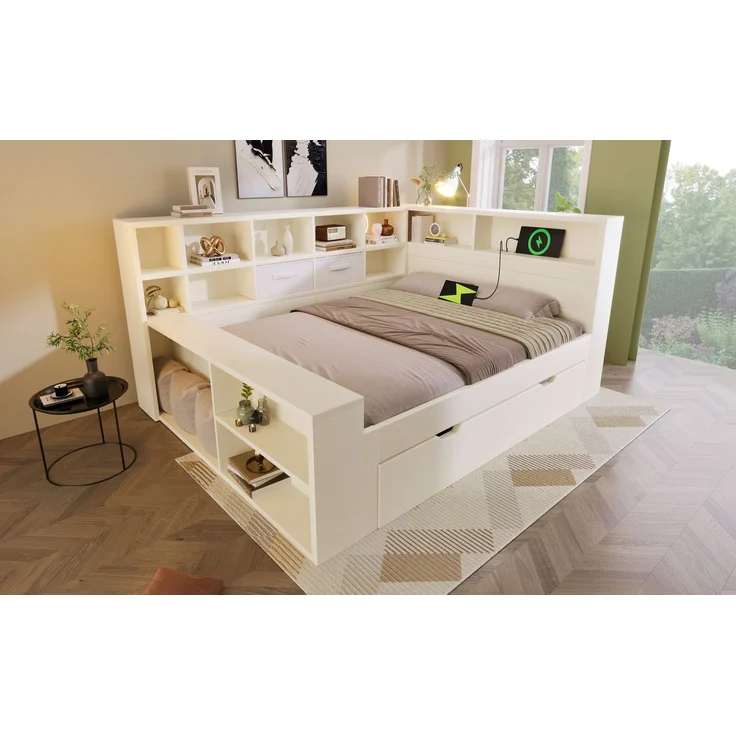 TavilaEcon Stauraumbett Holzbett mit Ausziehbett, 8 Staufächern & USB-/Type-C-Ladeanschlüssen weiß Liegefläche 140 × 200 cm – Bild 6