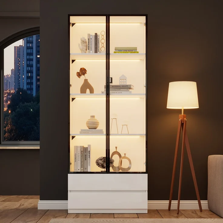 N625P332011012W)80*34*200cm Vitrine, Hochschrank mit LED-Leuchten, Wohnzimmer-Beistellschrank mit 2 Türen,Vitrinenschränke mit 2 Schubladen,Aufbewahrungsregale, Bücherregal, Display Regal,Weiß--Weiß--80x34x200cm--YOUDENOVA – Bild 4