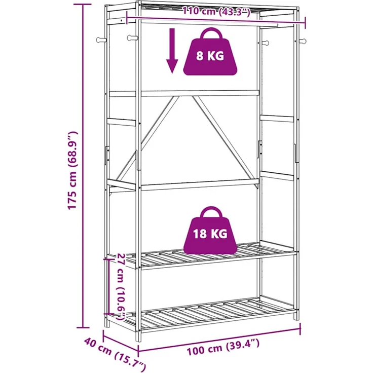 vidaXL Kleiderständer mit Ablagen 110x40x175 cm Bambus 4008924 – Bild 8