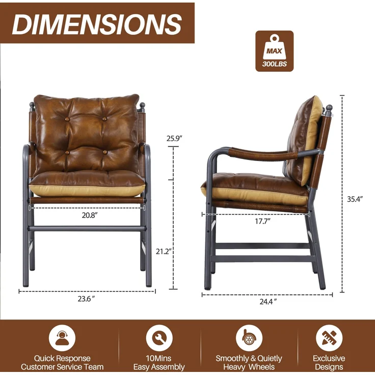 Mid-Century-Ledersessel mit schwarzem Metallgestell und Armlehnen, gepolsterter Akzent- und Lesesessel für Wohn- und Schlafzimmer, Braun – Bild 9