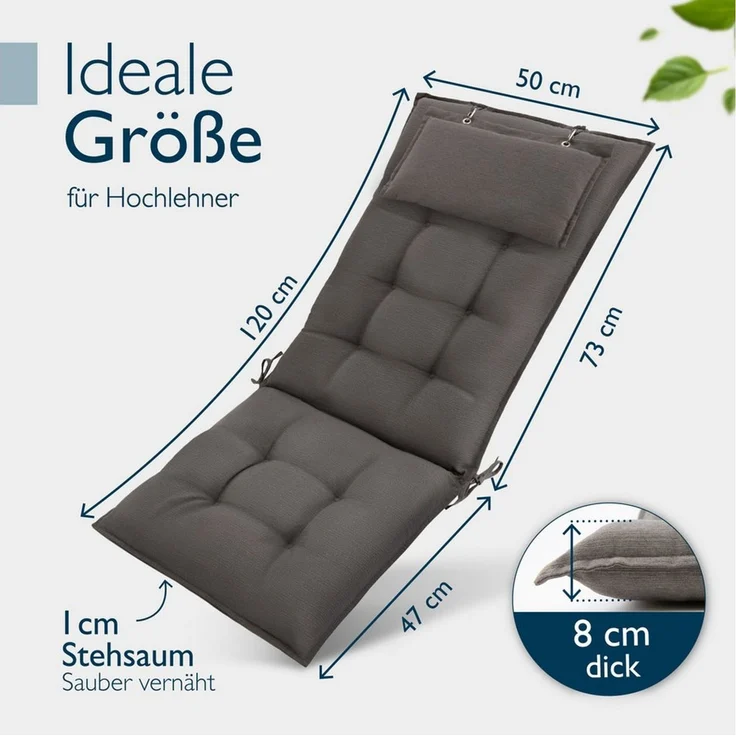 Beautissu Hochlehnerauflage 6er Set Sun-HL Hochlehner Auflage 120x50x8cm Taupe, Mit Kopfpolster, rutschfest & robust – Befestigungsbänder, UV 5 – Bild 3