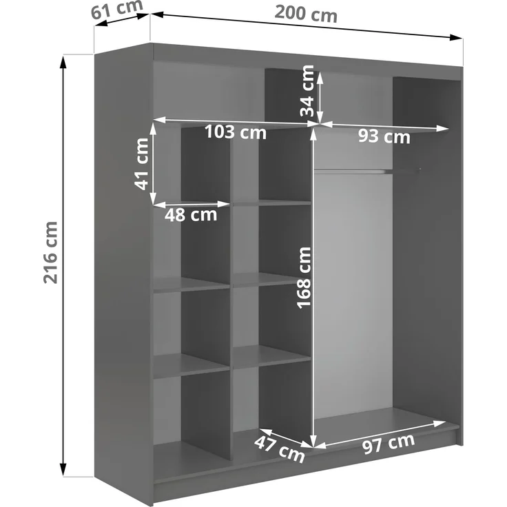 Schiebetürenschrank GRECJA 200 cm breite mit Spiegelfront und Dekor-Applikationen in Grau, inkl. Kleiderstange & Einlegeböden - Grau – Bild 5
