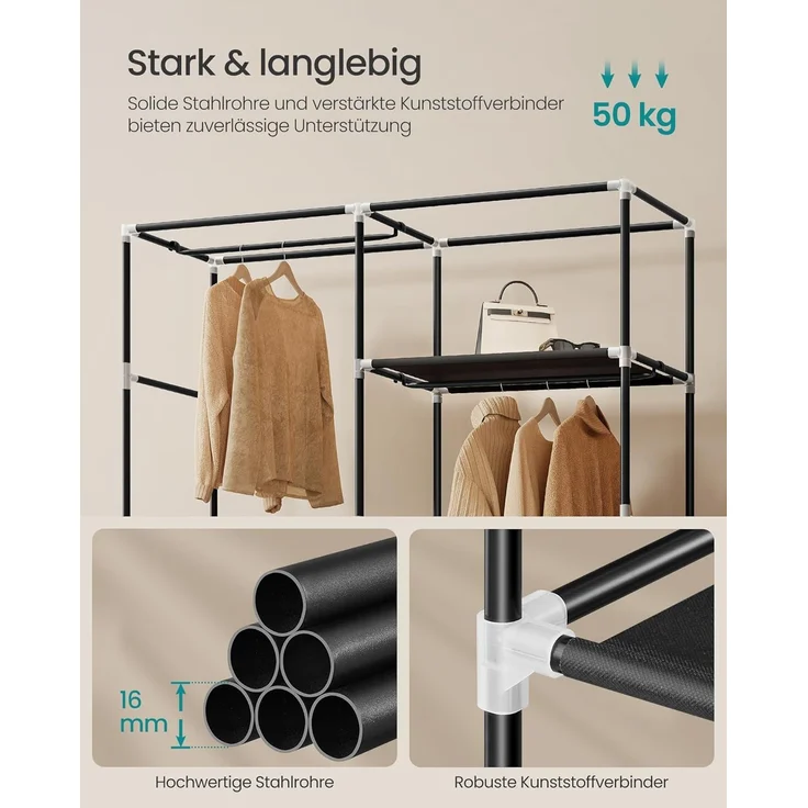 SONGMICS Stoffschrank mit Kleiderstange, Kleiderschrank mit Seitentaschen, Schrank für Schlafzimmer, 3 Hängefächer, schwarz – Bild 4