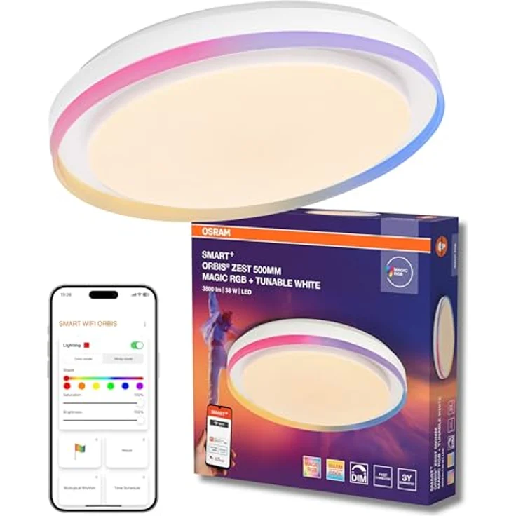 Osram SMART + WIFI LED Deckenleuchte, weiß, 32W, 3400lm, Weißlichtfunktion, dimmbar, dynamischer Magic-RGB Lichteffekt, lange Lebensdauer, einfache Montage, App-steuerbar, 2700-6500K – Bild 5