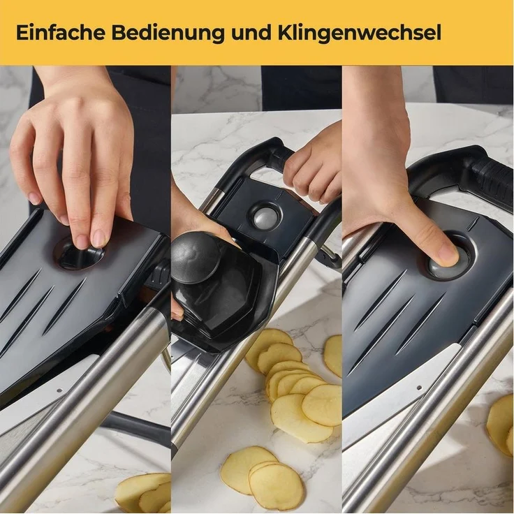 SILBERTHAL Gemüsehobel V-Hobel mit Einsätzen, extra scharfe Klingen, Edelstahl, Kunststoff, mit Sicherheitshandschuh, Klingenaufbewahrung – Bild 2