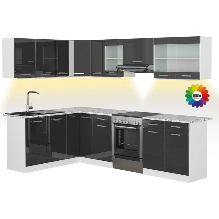 Eckküche R-Line Anthrazit Hochglanz/Weiß 267 x 167 cm, AP Marmor mit LED-Leisten Vicco – Bild 1
