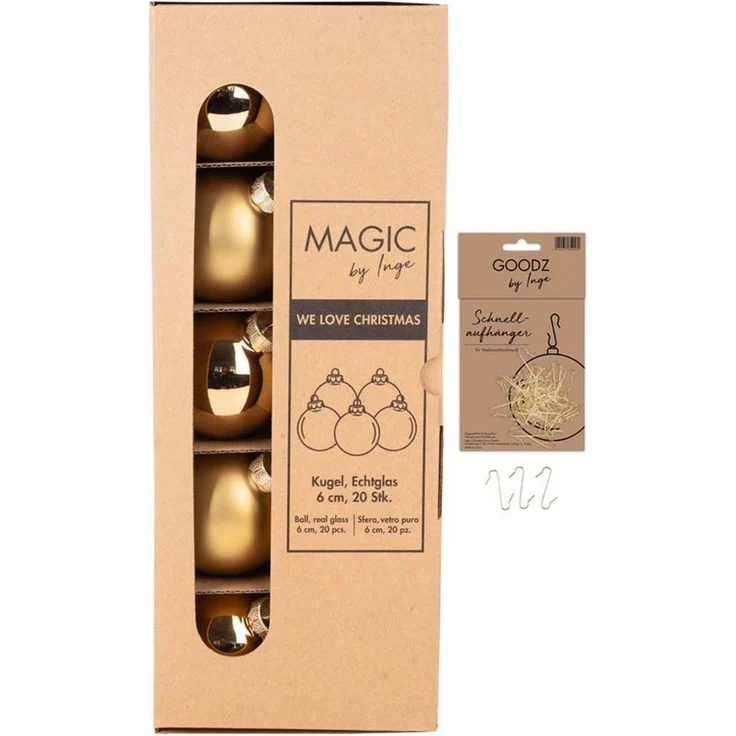 MAGIC by Inge Weihnachtsbaumkugel Weihnachtskugeln 20 Stk 6cm brokatgold + 40 Haken gold