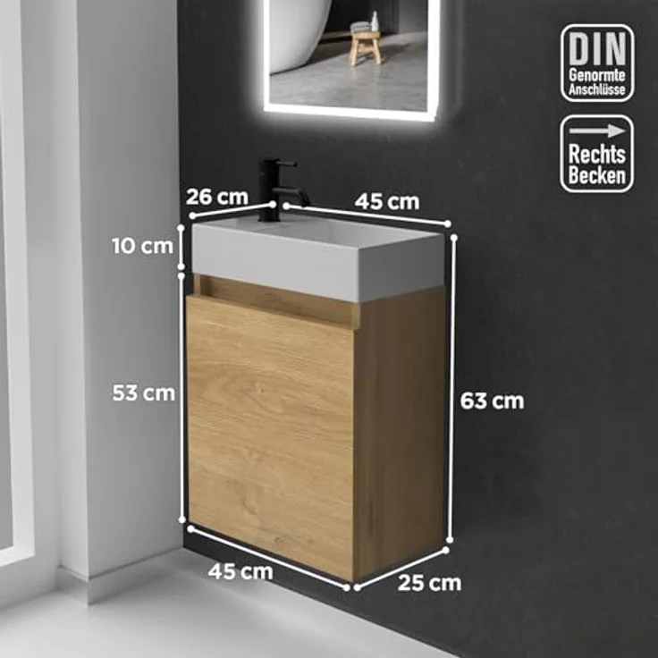 Alpenberger Badmöbel-Set Gäste WC Waschbecken mit Unterschrank - Badschrank Hängend, (2-tlg. Waschtisch Set Eiche Natur, Waschbeckenunterschrank mit Softclose), Waschplätze für Kleine Bäder - Badschrank Hängend und Vormontiert – Bild 7