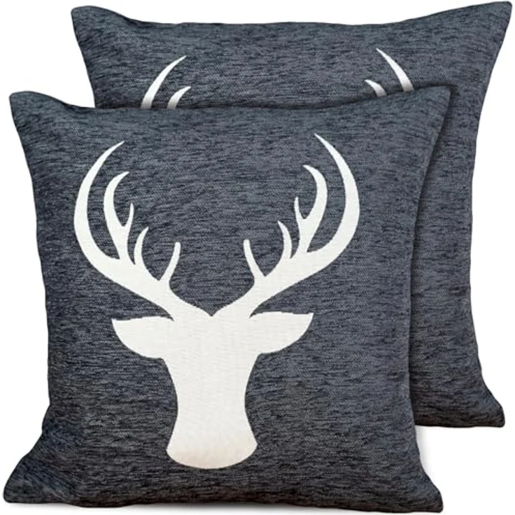matches21 HOME & HOBBY Kissenbezüge 2er Set Kissenhüllen 45x45 cm dunkelgrau mit Hirsch als Weihnachtsdeko, (2 Stück), Zierkissen-Bezüge für Sofa-Kissen, Couch-Kissen – Bild 2