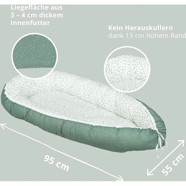 ULLENBOOM ® Babynest - 100% OEKO-TEX Materialien & Made in EU, Grün - Babynestchen Neugeborene aus kuscheliger Baumwolle, Ideal als Reisebett & Kuschelnest geeignet – Bild 2