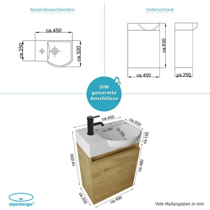 Alpenberger Badmöbel-Set Gäste WC Waschbecken mit Unterschrank - Hängeschrank Vormontiert, (Badschrank 2-tlg, Waschtisch hängend), Waschbeckenunterschrank mit Softclose – Bild 4