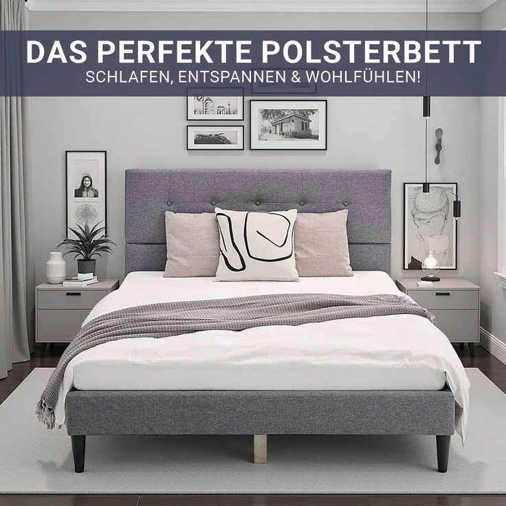 Homestyle4u Polsterbett mit Matratze und Lattenrost, Grau, 140x200 cm – Bild 5