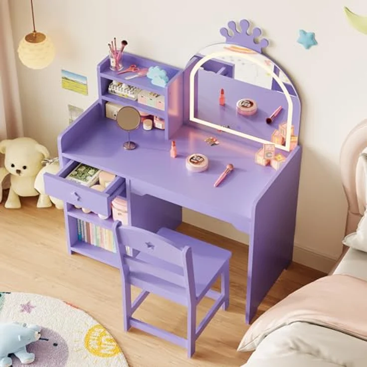 2 in 1 Schminktisch Kinder Set, Kinderschminktisch mit Spiegel & LED-Lichtern, Schminktisch für Mädchen, Kinderschminktisch mit Hocker, Schubladen, Offenen Fächern, Prinzessin Frisiertisch Holz, Lila – Bild 5