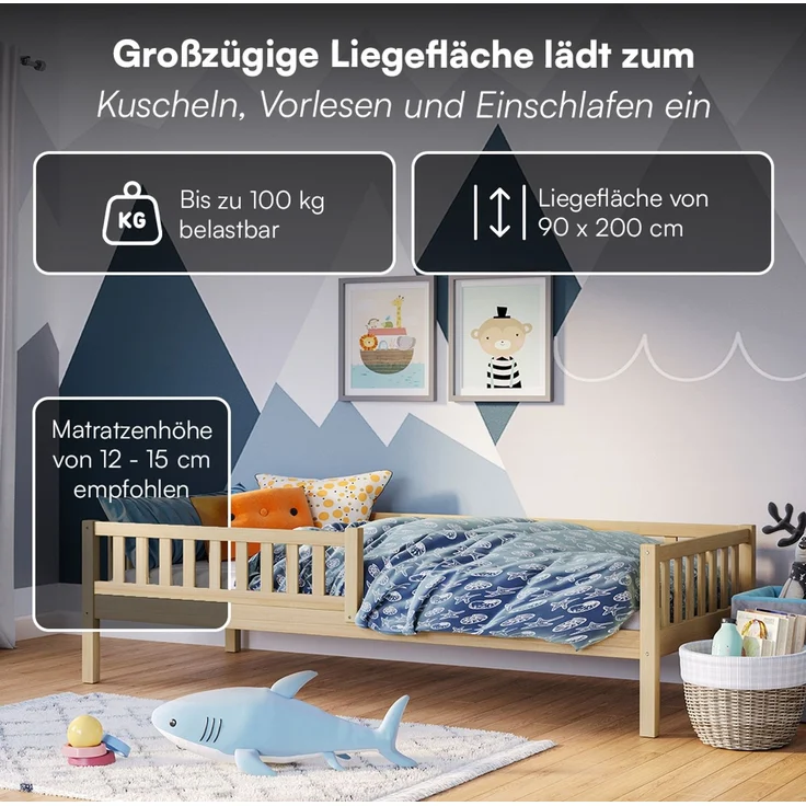 Bellabino 'Vils' Kinderbett 90x200 cm mit Matratze, natur, Kiefer Massivholz, Montessori Bett mit Lattenrost und mit abnehmbarem Rausfallschutz – Bild 4