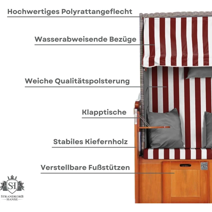 Strandkorb Hanse Ostsee Klassik 1-Sitzer, Rot Weiß Blockstreifen – Bild 6