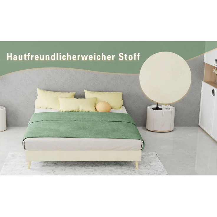 Novelux Bettgestell 140x200 Beige – Modernes Plattformbett aus Samt, Holzrahmen, Ohne Kopfteil, Low-Profile Design – Bild 6