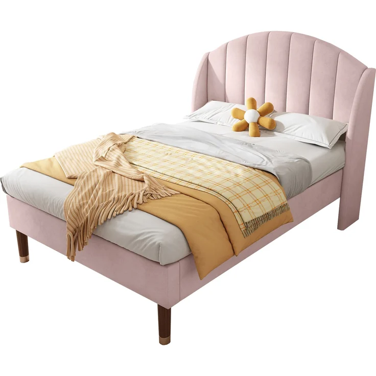 EINHOM Polsterbett 90 x 200 cm mit Lattenrost und Kopfteil, Jugendbett, Einzelbett, Holzlattenunterstützung, Einfache Montage, Samt, Rosa, (Ohne Matratze) – Bild 6