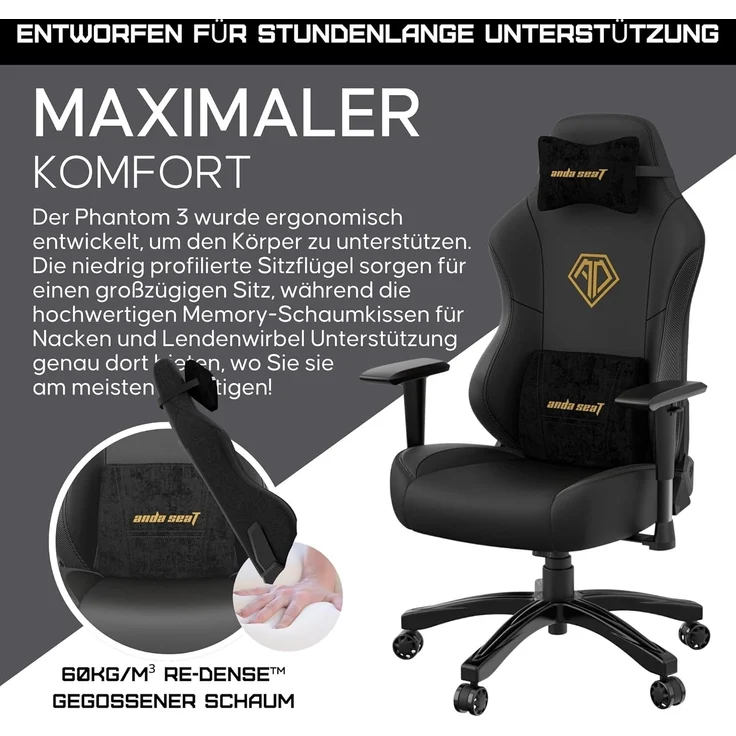 Anda Seat Phantom 3 Gaming Stuhl für Erwachsene – Ergonomisch PC Stuhl mit verstellbaren 2D Armlehnen, PVC-Leder, Kopfstütze & Lendenkissen, Bequemer Design, Belastbarkeit bis 90 kg, Schwarz – Bild 4