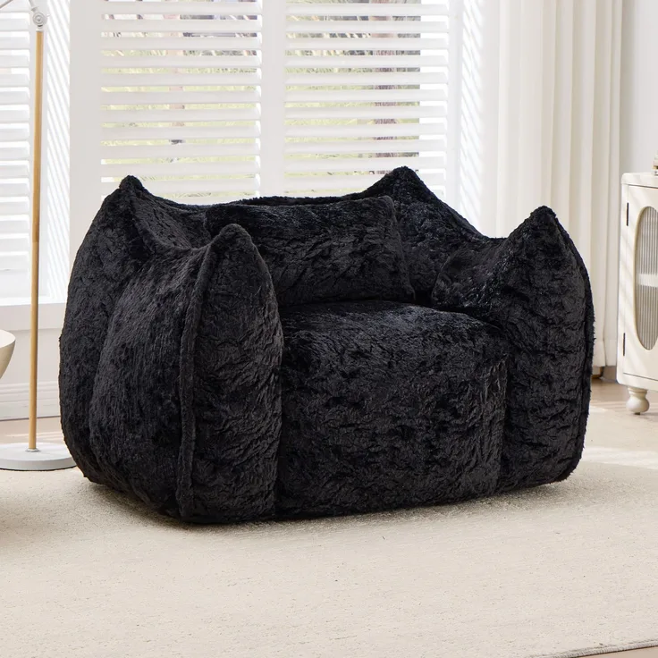 Sitzsack aus Kunstfell mit ergonomischer Rückenlehne, 123×97×73 cm, Schwarz