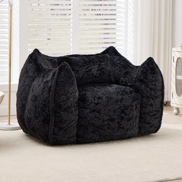 Sitzsack aus Kunstfell mit ergonomischer Rückenlehne, 123×97×73 cm, Schwarz – Bild 1