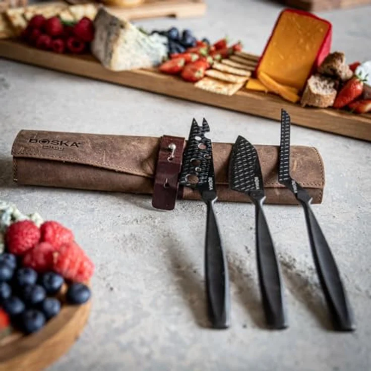 Boska Käsemesser-Set Monaco+ Schwarz, 3-tlg. mit Lederhülle, Käsemesser, Edelstahl, Schwarz, 28 cm, 307089 – Bild 3