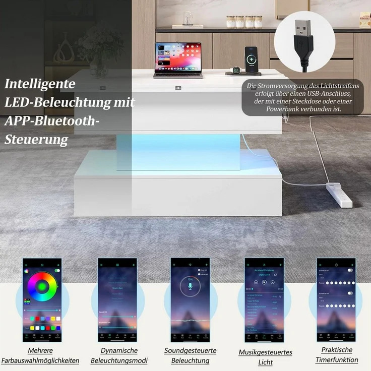 STILVORA Couchtisch mit Steckdose,anhebbarer Wohnzimmertisch Sofatisch mit LED-Licht (höhenverstellbar Sofatisch, Satztisch, Beistelltisch, 1-St, 100*50*51.5cm), mit LED, Steckdose, USB-C und USB-Ladebuchse – Bild 3