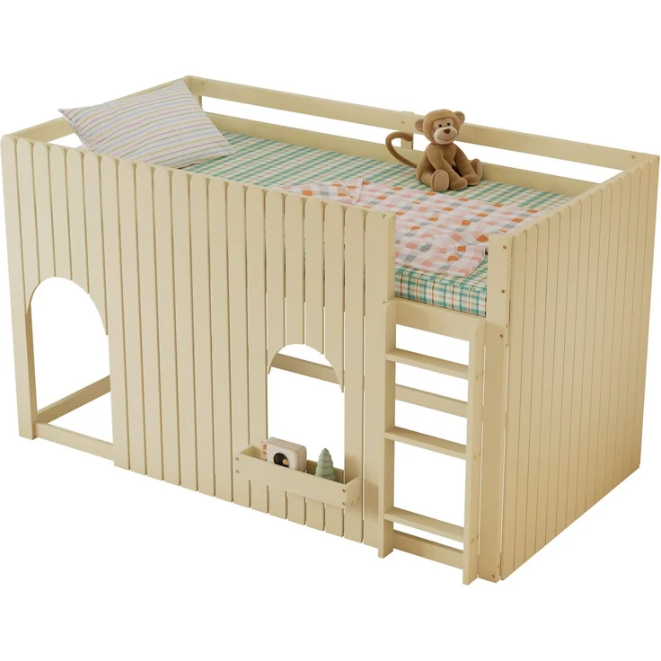 Hochbett mit RGB LED-Beleuchtung, Trittleiter, Rausfallschutz und Regal, 90x200 cm, Kinderbett, Kiefer – Bild 7
