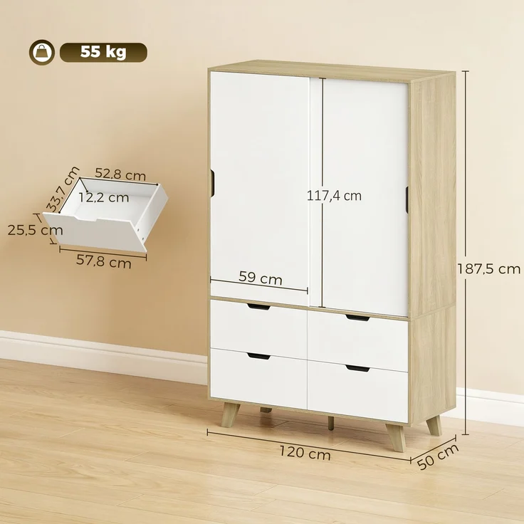 HOMCOM Kleiderschrank, MDF, Kiefernholz, Eiche+Weiß, 120 x 50 x 187,5 cm – Bild 3