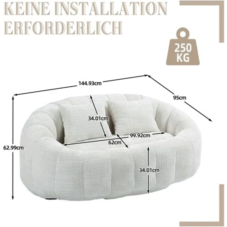 FurnitureR Sofa Set mit Couchtisch, Modernes 2-Sitzer Sofa aus Bouclé Stoff und Runder Glastisch 80 cm, Wohnzimmer Möbel Set im Skandinavischen Stil, Cremeweiß – Bild 2