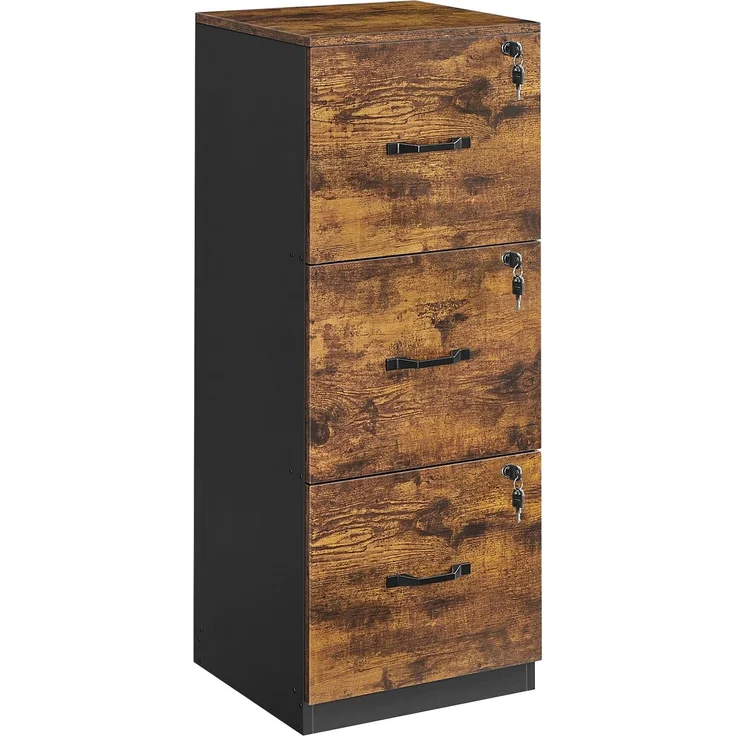 VASAGLE Aktenschrank, Büroschrank für Homeoffice, Druckerständer, mit 3 abschließbaren Schubladen, verstellbare Hängestangen, für A4- und Letter-Formate, vintagebraun-schwarz OFC055B01