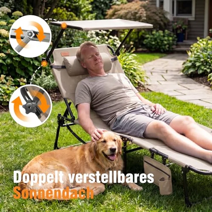 Homecall XXL Sonnenliege mit Gesichtsöffnung & Sonnendach, 200 x 70 cm Gartenliege für Bequeme Bauchlage, klappbarer Liegestuhl mit 4-Fach Verstellbarer Rückenlehne, bis 180 kg (1, Beige) – Bild 4